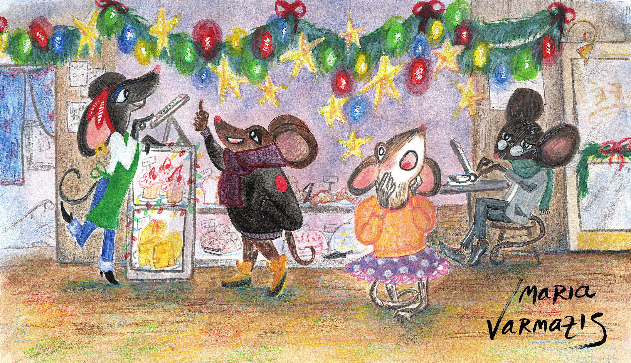 City Mouse and Country Mouse At The Bakery, mixed media on paper
