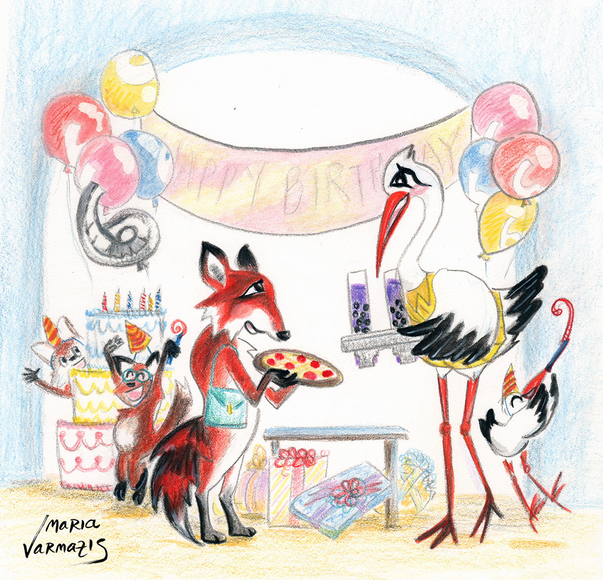 Fox And Stork At The Birthday Party, mixed media on paper